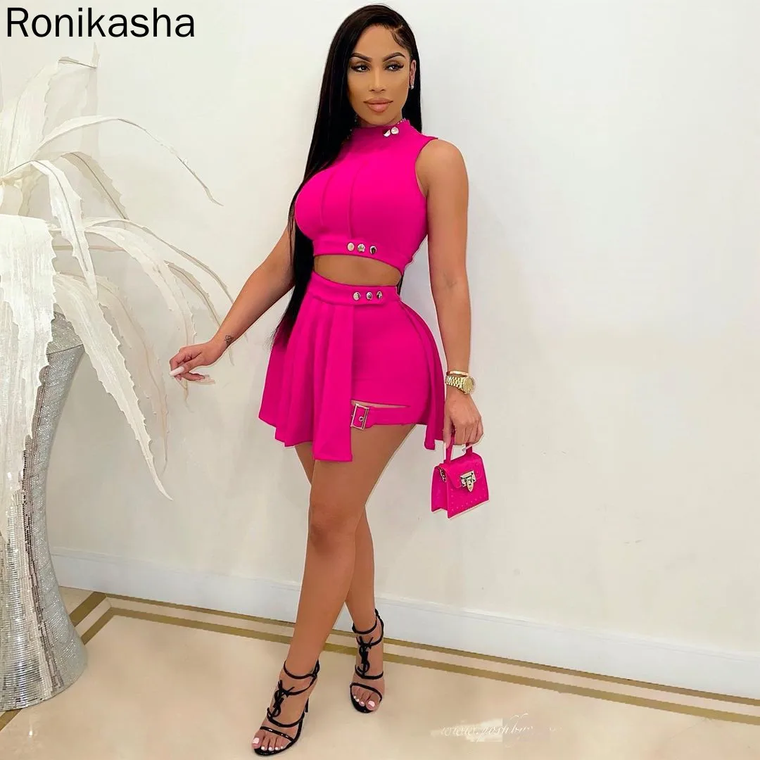 

Ronikasha Two Piece Shorts Set Buckle Flounce Asymmetrical Spliced Design Street Half A Turtleneck Clubwear