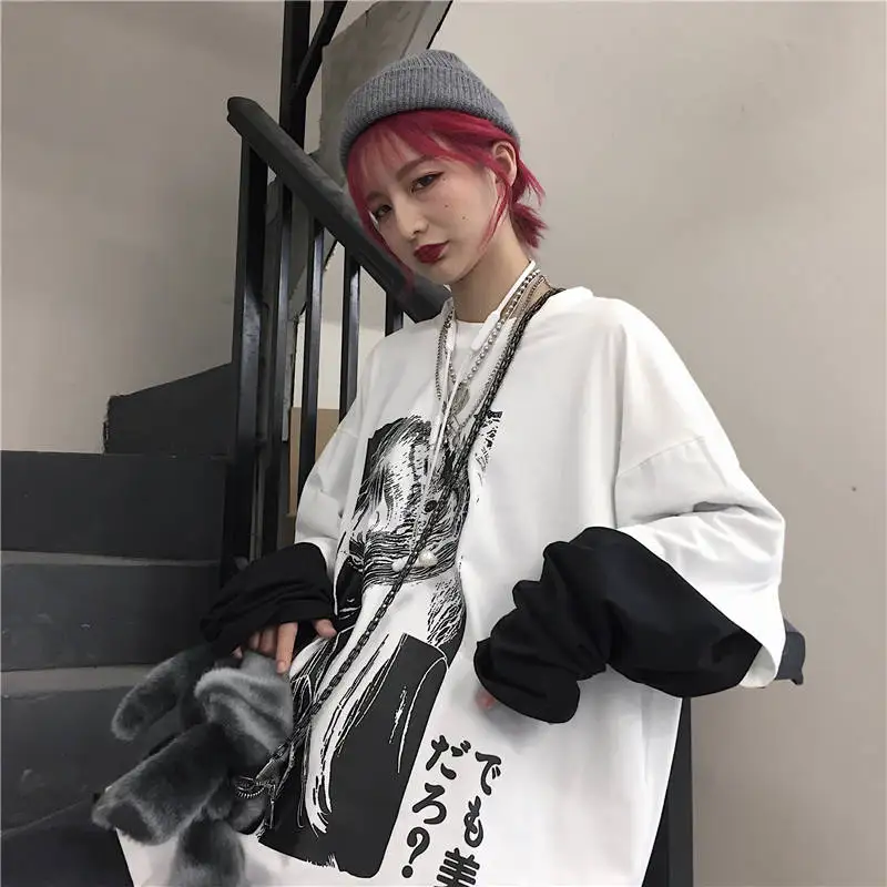 Футболка мужская весна осень длинный рукав o-образный вырез Футболка мужская брендовая одежда модная Лоскутная хлопковая футболка Топы панк футболки