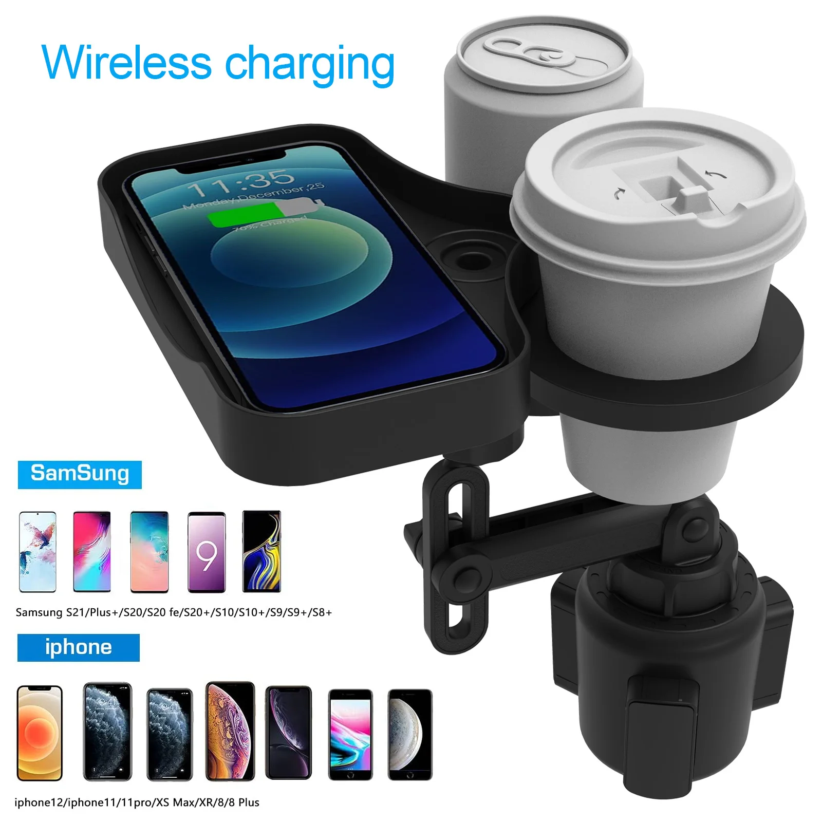 

Mintiml Car Cup Holder Expander Adapter Universal 4 IN 1 Wireless Charging 360° Adjustable Auto Cup Drink Holder Tray Accessorie