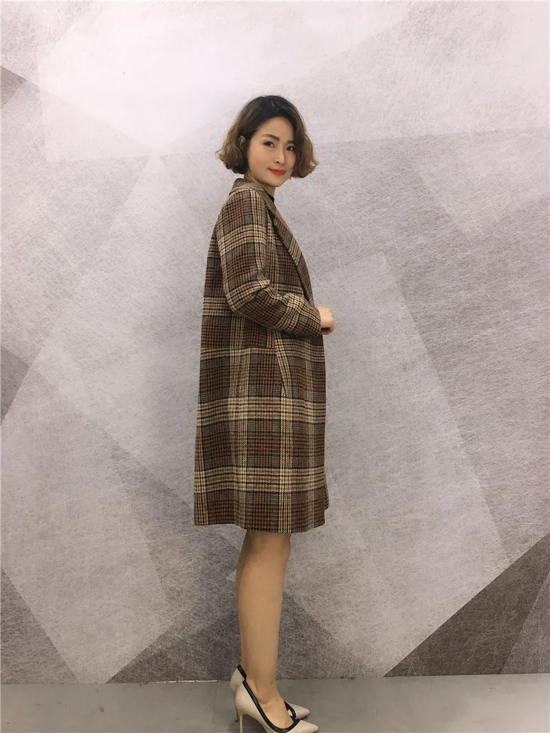 Женское Свободное пальто в клетку шерстяное модное дикое теплая ветровка