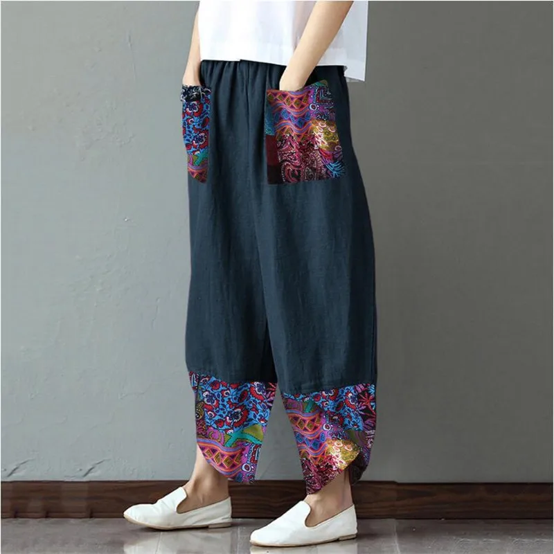 2021 European and  sk  American ladies print stitching fashion loose casual pants    1033