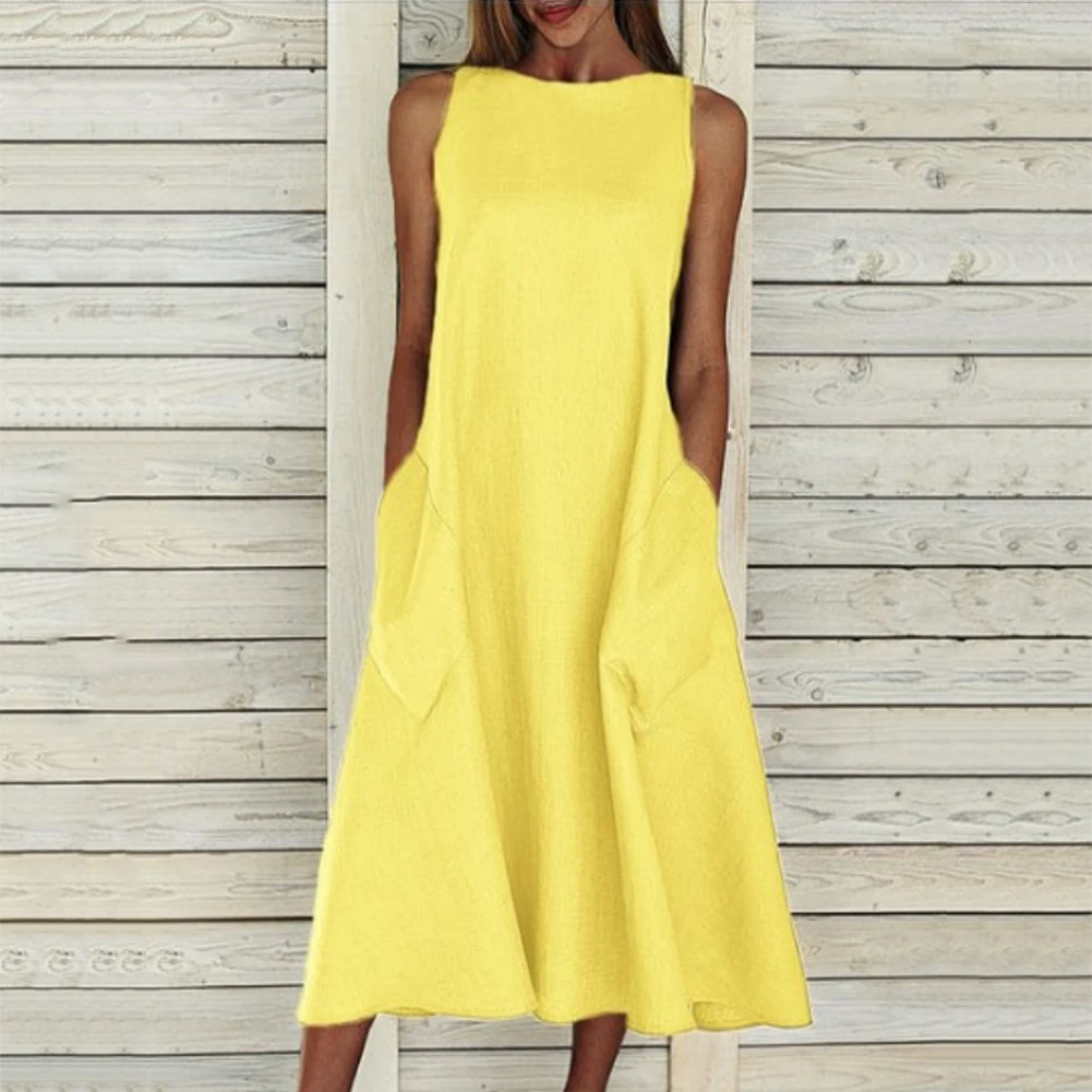 

Women A-Line Midi Dress Maxi Summer Dresses Boho Sleeveless Pocket Beach Oversize Holiday Long Vestidos White Blue Drop Shipping