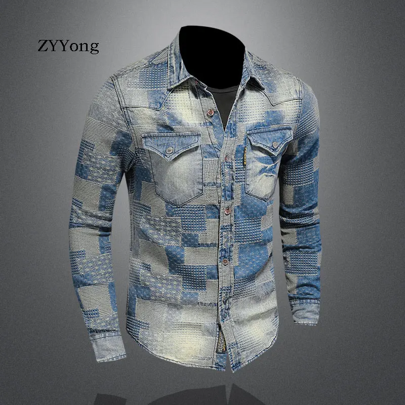 2021 Spring Jeans Shirt Men Denim Shirts 100% Cotton Lapel Long Sleeve Slim Lattice Casual Moto Light Blue Cowboy Thin Coat