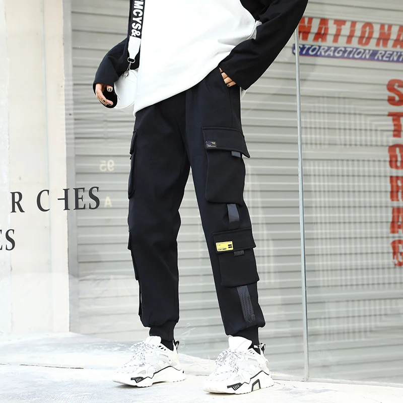

Брюки Harajuke женские с высокой талией, свободные эластичные черные штаны, уличная одежда с большими карманами, 2020