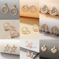 huatang bohemian pearl stud earring for women charms elegant flower star hollow geometry metal earrings party jewelry gifts