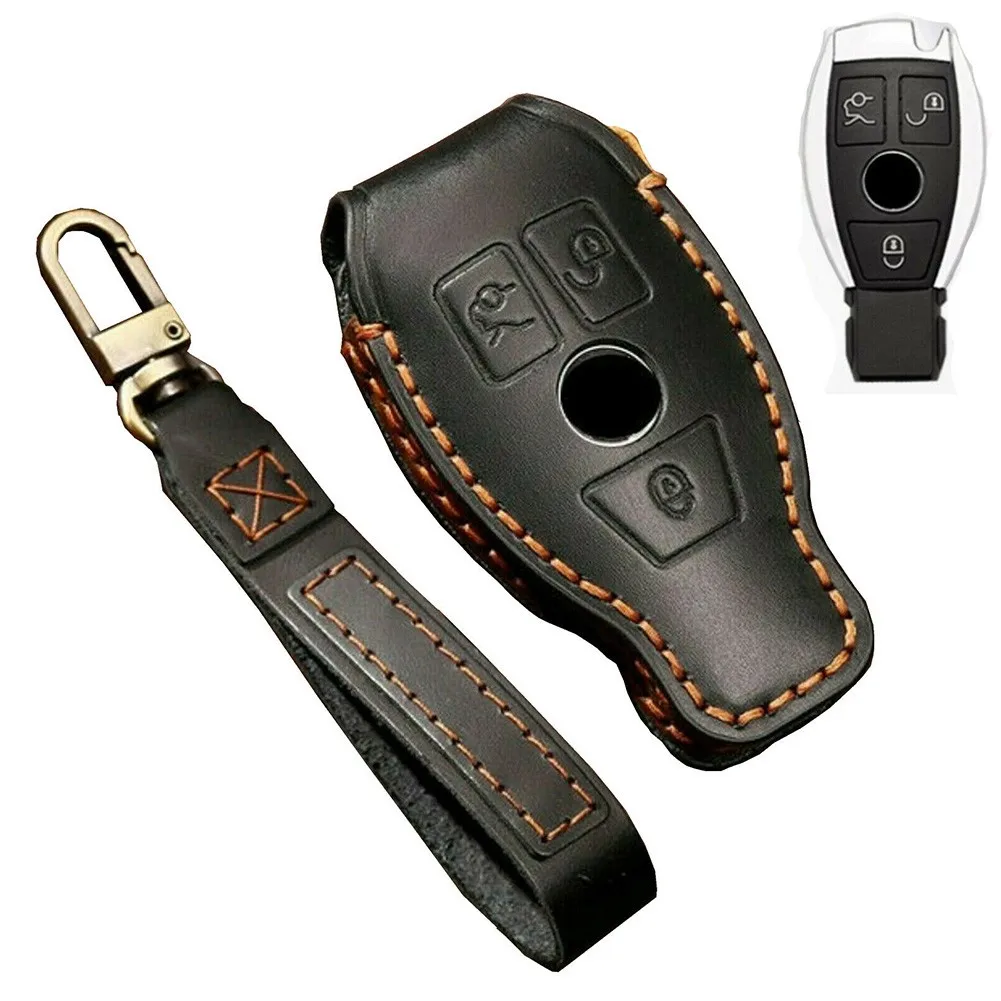 

Leather Key Cover 3 Buttons Leather Remote Smart Key Fob Case Cover Holder Anti-scratch Anti-drop For Mercedes Benz A B C