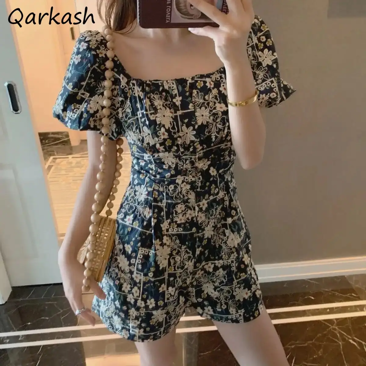 

Rompers Women Print Retro Female Tunic Simple Korean High Waist Chic Summer BF Style Mujer Ropa Popular All-match Straight Basic