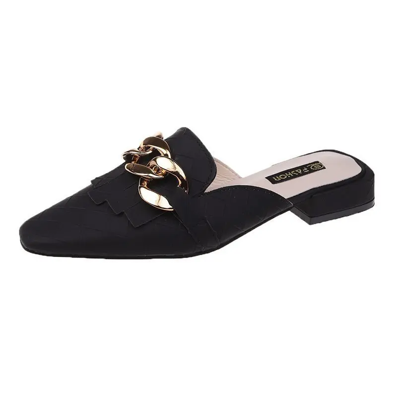 

2021 Summer New Style Slippers Women's Flat Slippers Fashion Beach Shoes Slippers for Women Pointed Metal Chain Women Slippers