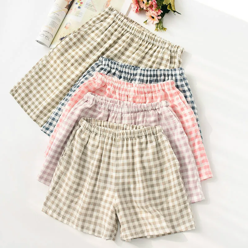 Парные клетчатые штаны для сна летние женские шорты повседневные хлопковые