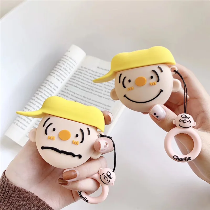 Чехол для AirPods, мультяшный чехол для наушников s, для Apple Airpods 2, милые аксессуары, Защитная крышка с кольцом на палец, ремень, Charlie, коричневый
