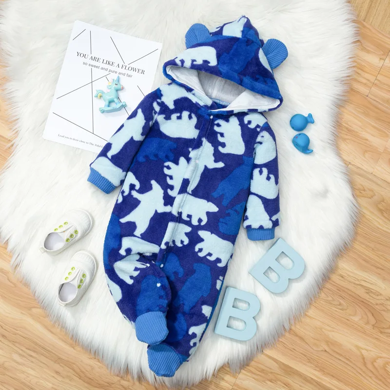 

Newborn 6M Baby Romper Boy Baby Clothes Winter Baby Boy Footies Overall Bear Print Ear Fleece Warm Pajamas Clothing