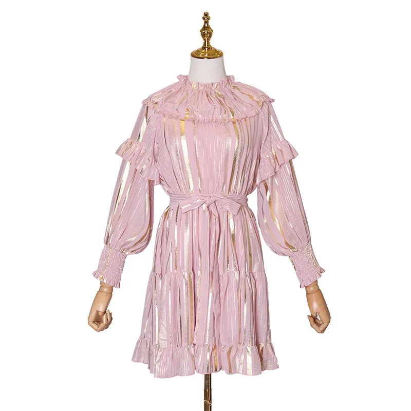 

Early new half-height collar bubble sleeve ruffled gold striped dress skirt