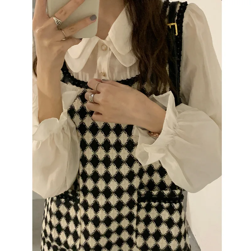 

Женское клетчатое платье из двух частей ling qiu dong, черно-белое клетчатое платье с небольшим запахом на осень 2019