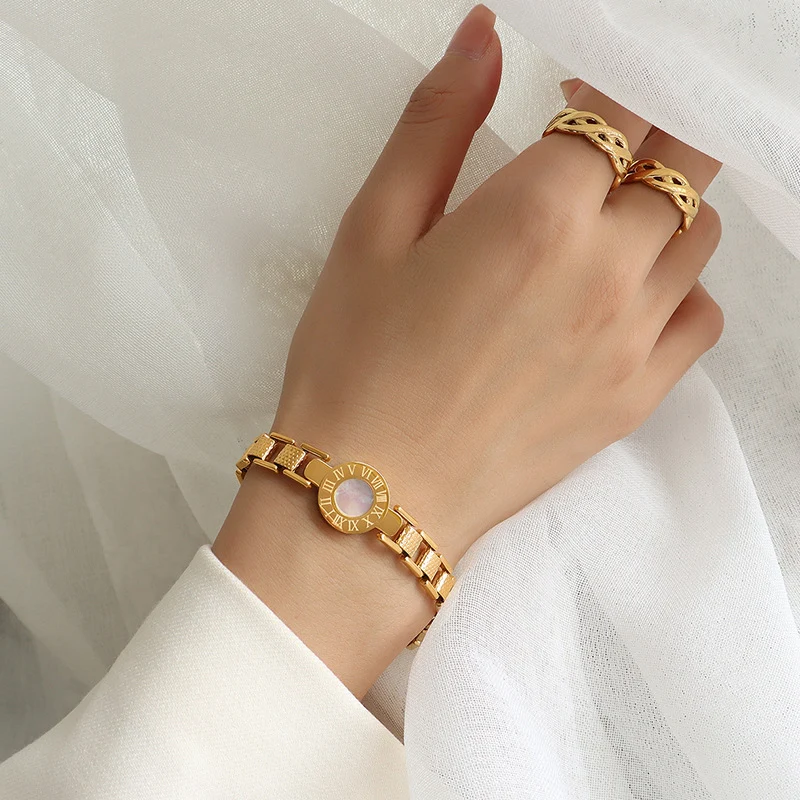 

Titanium With 18 K Gold Chunky Watch Band Bracelet Women Stainless Steel Jewelry Party T Show Runway Gown Japan South Korea