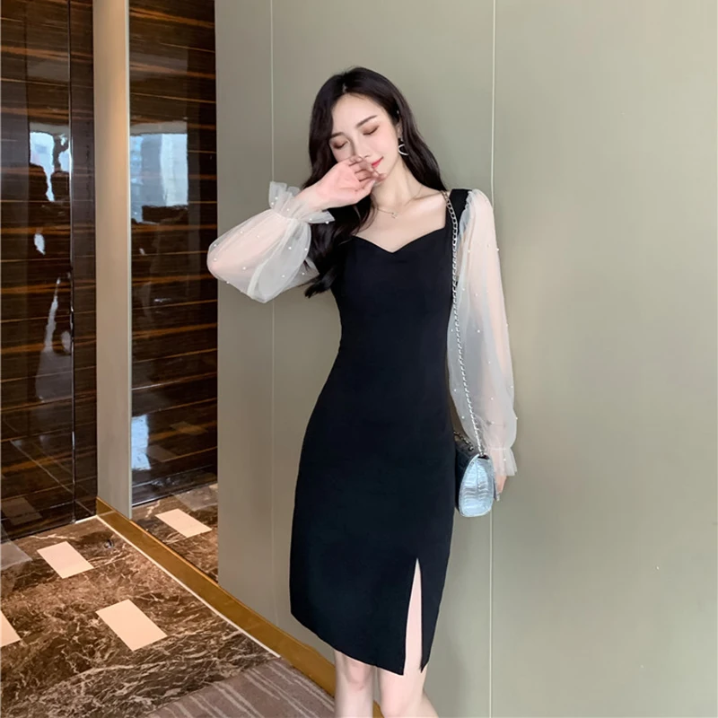 Женское весенне-осеннее платье элегантное черное Сетчатое в стиле пэчворк с