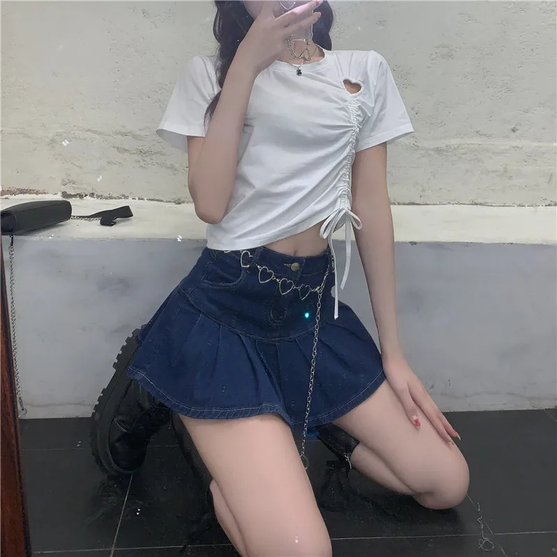 

YTX363 2021 new summer scheming hollow design sense drawstring high waist cropped short T-shirt