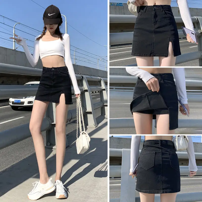 

Женская джинсовая юбка с высокой талией, однотонная эластичная облегающая мини-юбка трапециевидной формы с разрезом, в уличном стиле, лето ...