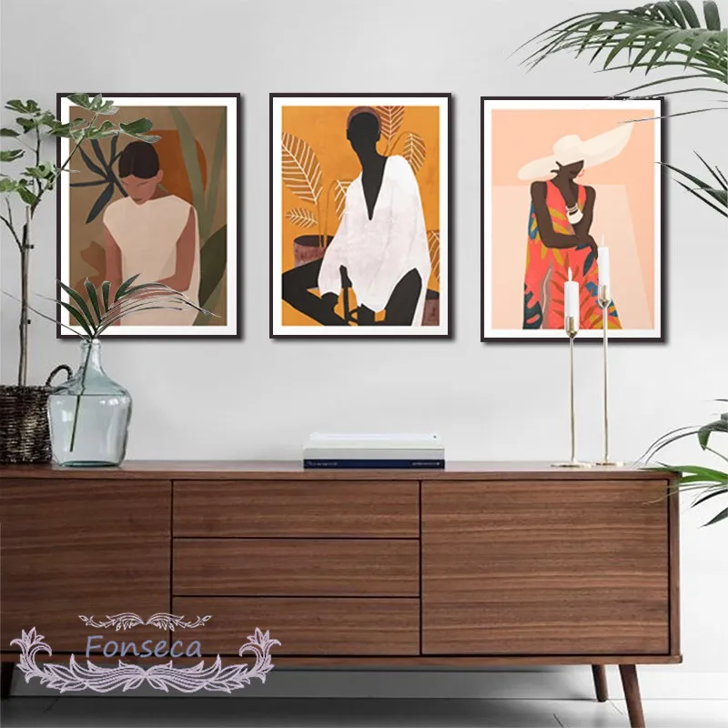 

Fashion Modern Lady Poster Art Print Sun Leaf Canvas Painting Colourful Wall Picture for Girl Room Salon Shop Home Decor