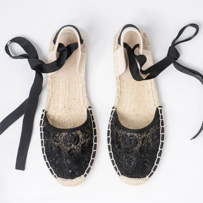 

Female Sandal Lace Denim Women's 2021 Summer Cross-Shoes Strappy Heels All-Match Girls Laces Beige Lace Up Handmade Flat