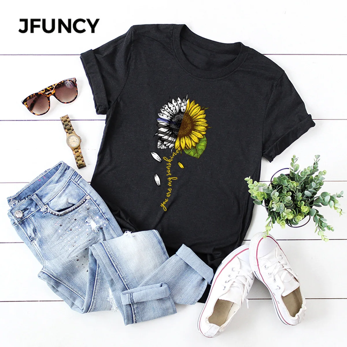 JFUNCY Sunflower Print New T Shirt Women Short Sleeve Loose Tshirt  Woman Summer Cotton Tee Shirts  Female Tops Mujer
