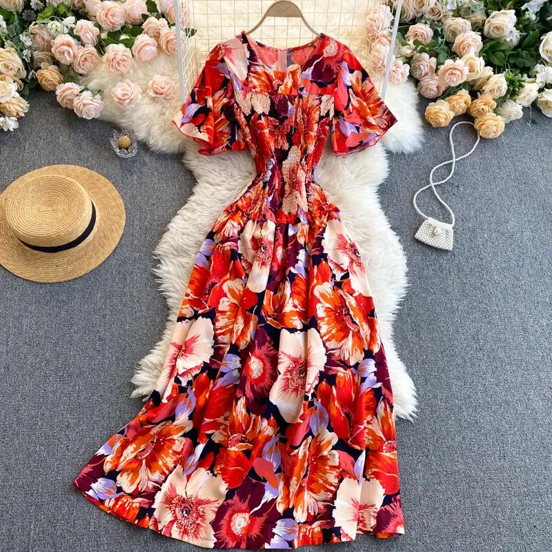 

Vintage Short Sleeve Women's Dress V-Neck High Waist Female Loose Beach Wear Boho Floral Midi Dress Summer