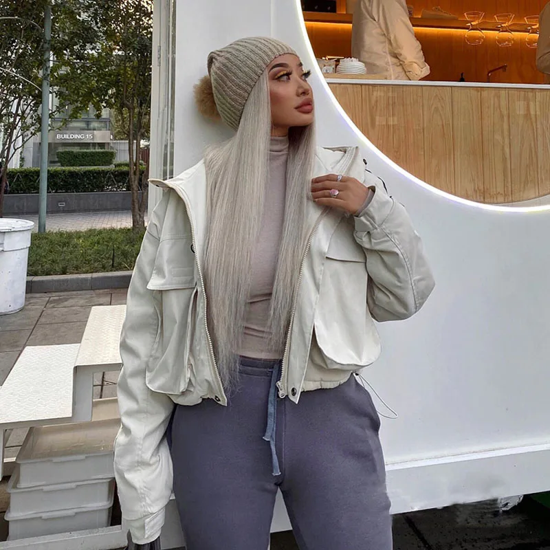 Street Big Pocket Tooling Reflective Strip Short Drawstring Wear Cotton Jacket Coat | Женская одежда