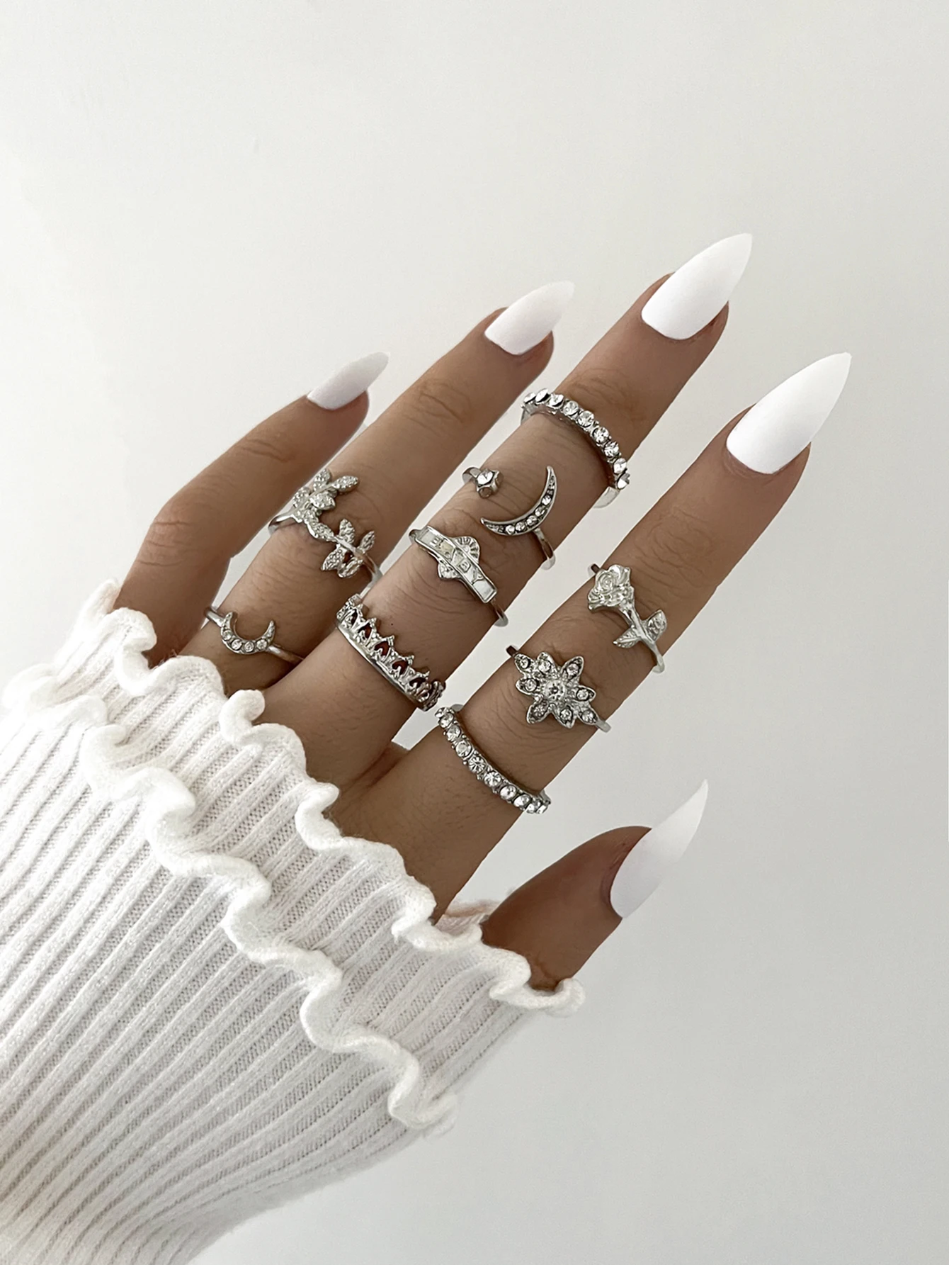 

Stillgirl 9Pcs Vintage Silver Color Crystal Rings for Women Punk Boho Flower Plant Set Female Cute Fashion Jewelry Bijoux Femme
