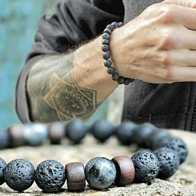 

Volcanic Stone Bracelet for Men Lava Wooden 8mm Beads Bracelet Tibetan Buddha Wrist Chain Women Men's Jewelry Gift Bracelets