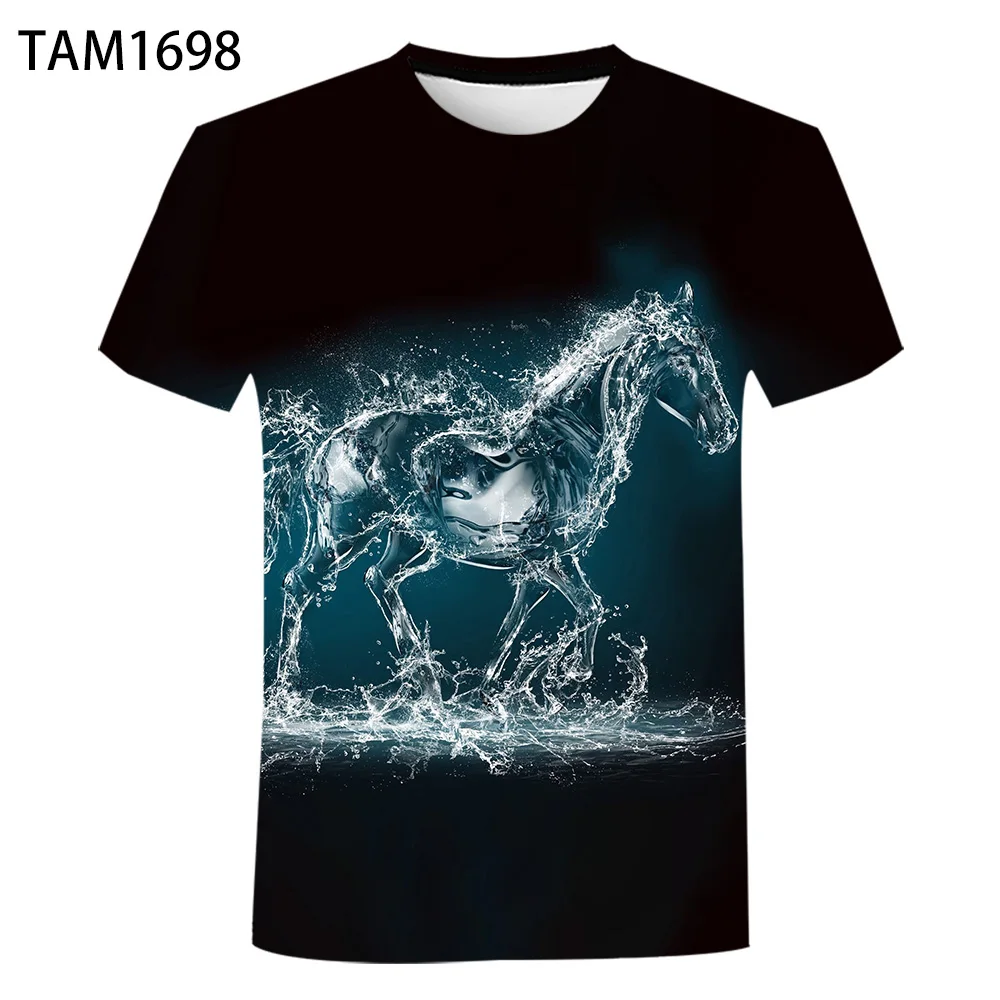 

Round Neck T-shirt Student Street Fashion Sports Jacket Neon Horse New 3D Men's and Women's Summer Short Sleeve Printing Tees