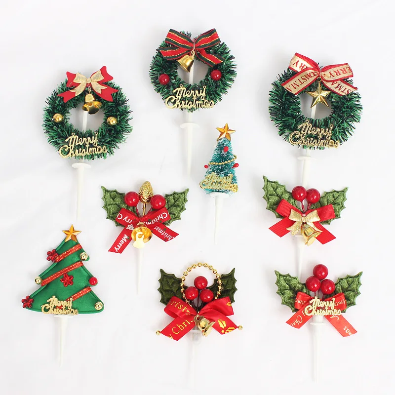 

10Pcs Merry Christmas Cake Topper Party Dessert Birthday Cake Toppers New Year Xmas Tree Cupcake Noel Christmas Cake Decorations