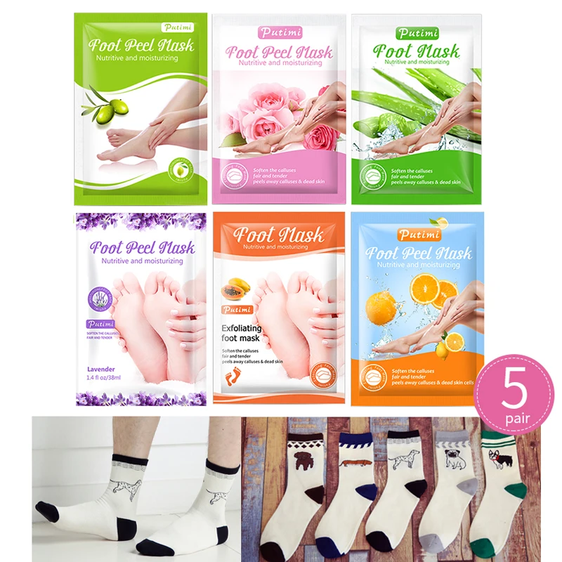 

PUTIMI 6pair Foot Mask Peeling Socks for Pedicure Exfoliating Feet Mask for Legs Health Whitening Dead Skin Remove 5pairs Socks