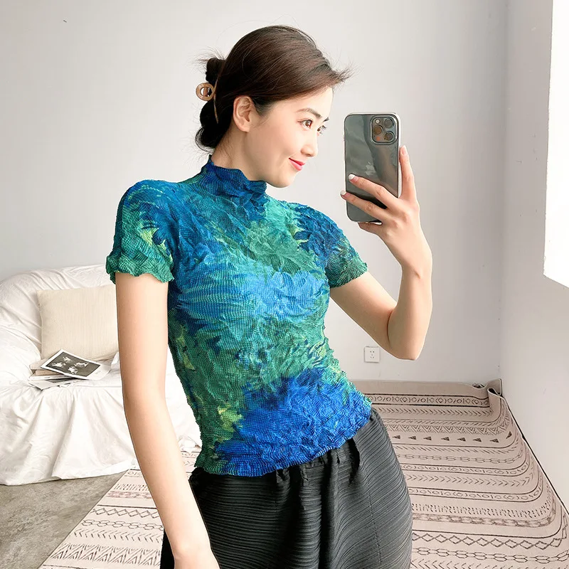 

TVVOVVIN Half High Collar Slim Printed Stretch Top Summer Casual All-match Short Sleeve Pleated T-shirt For Women MVQB