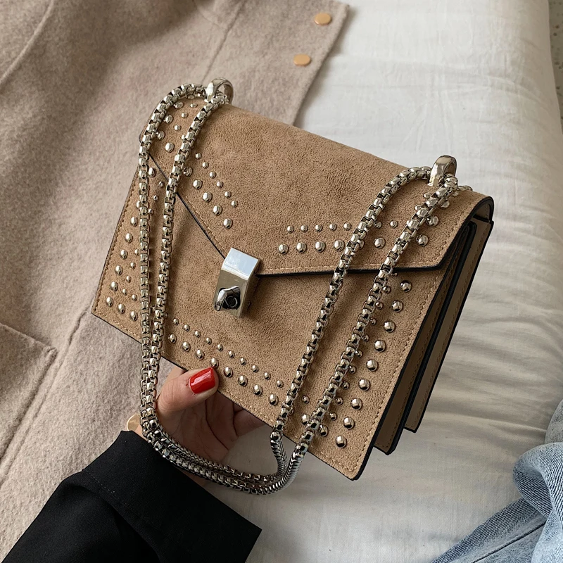 

Retro Fashion Female Rivet bag 2019 New High Quality Matte PU Leather Women's Designer Handbag Lock Chain Shoulder Messenger bag