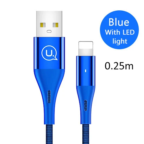 Blue LED 0.25m USAMS USB кабель для освещения кабель для iPhone 2 м 2.4A кабель передачи данных для быстрой зарядки для iPhone 7 8X6 6s plus 5 SE 5S зарядное устройство - Цвет: Blue LED 0.25m