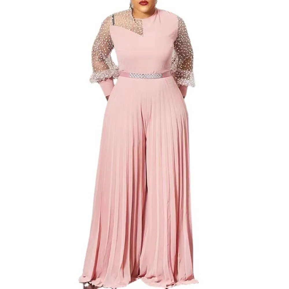 

Fashion New Summer Solid Color Long Sleeve Slim Net Yarn Splicing Perspective Sexy Temperament Draw Back Folds Jumpsuit 2021