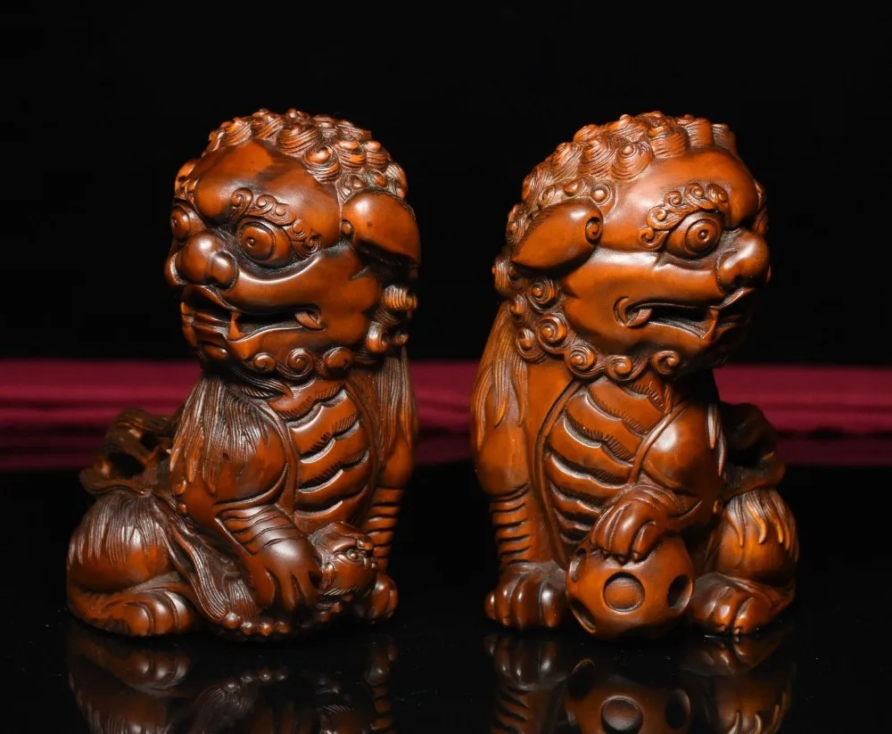

christmas Chinese Folk FengShui Boxwood Wood Carved Guardian Door Foo Dog Lion Statue Pair halloween