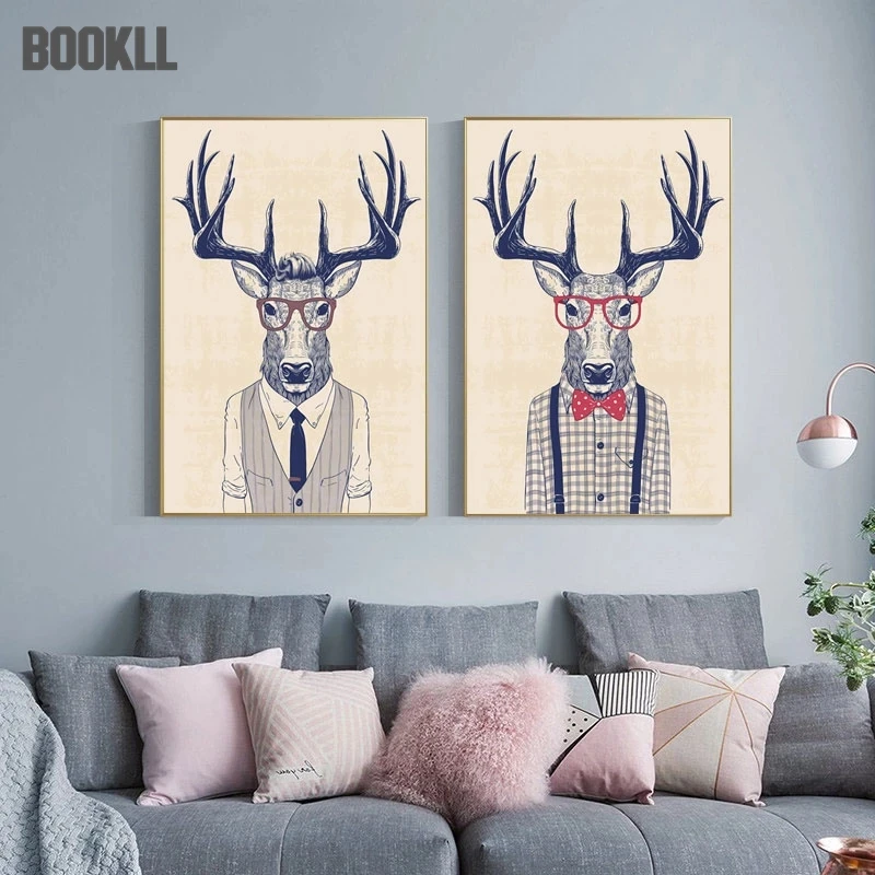 

Modern Animals Mr Deer With Glasses Canvas Painting Lovely Ms Deer Posters And Picture Wall Art For Living Room Home Decoration