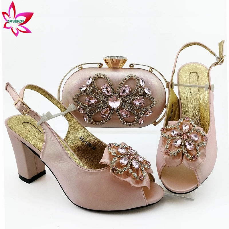 

Pink 2020 Italian Shoes for Women Sandal Bag Set Evening Shining Crystal African Shoes with Matching Bag Shoes and Bag Set