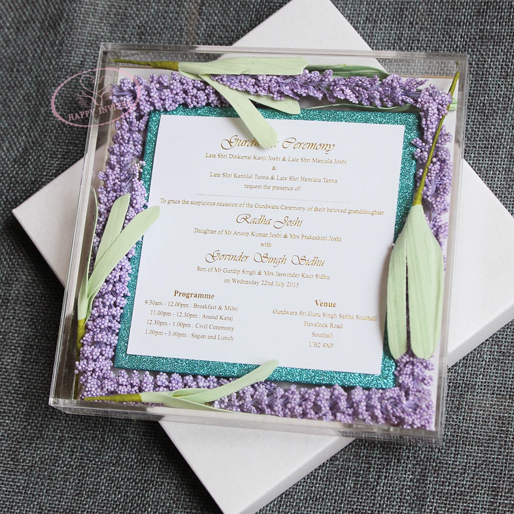 Free Shipping HI4083 Acrylic Box Wedding Invitation with Lavender Flowers Gold Foil Print For Theme | Дом и сад