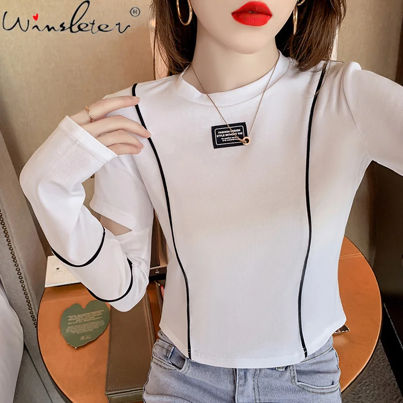 

Футболка женская короткая в Корейском стиле, шикарный пикантный джемпер с длинными рукавами, хлопковая Футболка с вырезами, T11004A, весна-осен...