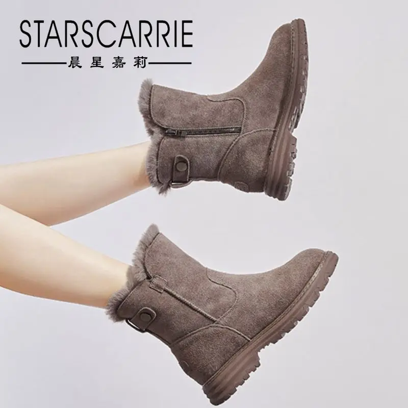 

Snow boots women's leather 2021 new winter plus velvet thick casual thick bottom side zipper women boots mid-tube boots tide