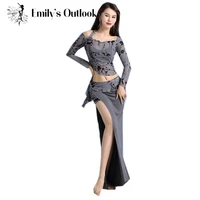 2020 winter cheap bellydance practice costume ladys 2 piece performance outfit floral long sleeve blouse sey side slit skirt l