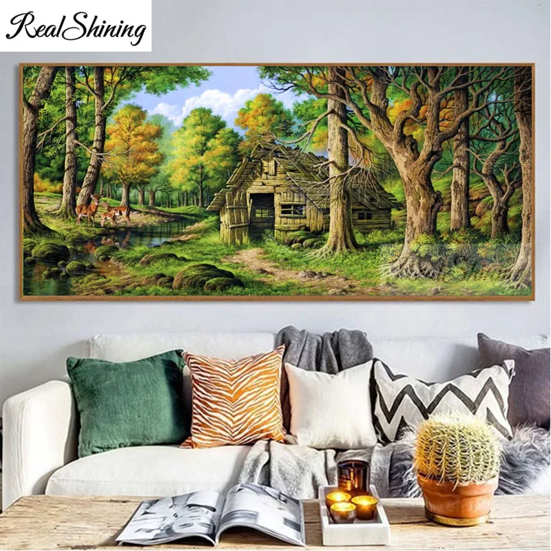 Домик Лес Дерево пейзаж большой алмаз живопись олень 5d Сделай Сам квадратный