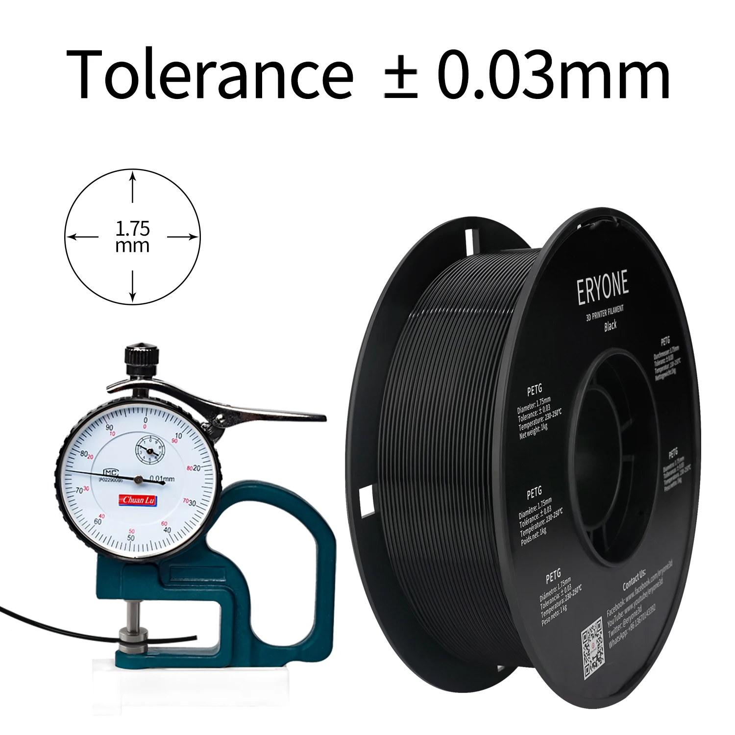 ERYONE PETG Filament 1kg 1.75mm ±0.03mm for 3D Printer, 1KG(2.2LBS)/ Spool Clear