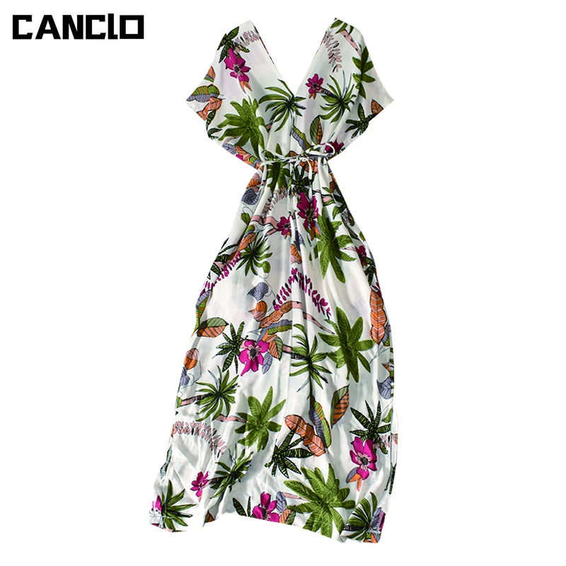 

Women's Summer Dress Sexy V Neck Short Sleeve Leaf Print Boho Maxi Dress Beach Casual Dresses Long Skirt Female Clothing Robe