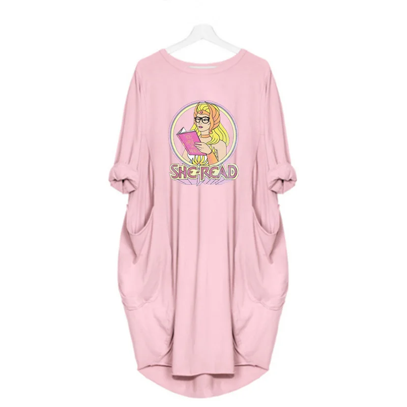 

Women Autumn Loose Dresses Harajuku Cartoon Print Long Sleeve Pocket Casual Vintage Party Dress Vestidos Femme Robes