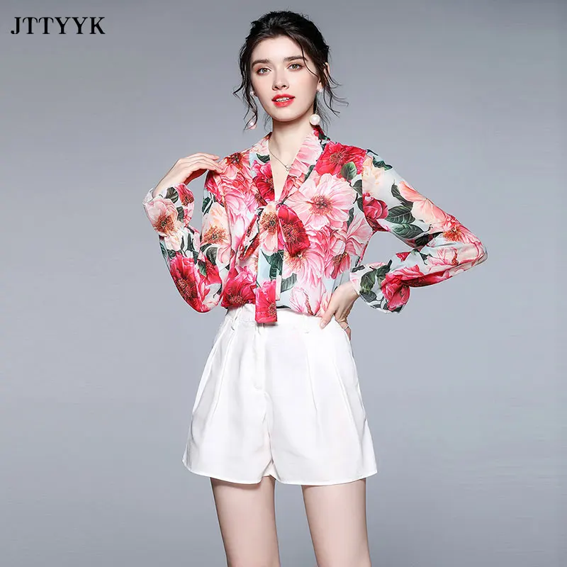 

Women 2 Piece Summer Shorts Sets 2022Suit Casual Chiffon Sexy Print Shirt + Shorts 2-piece Set Chic And Elegant Woman Pants Set