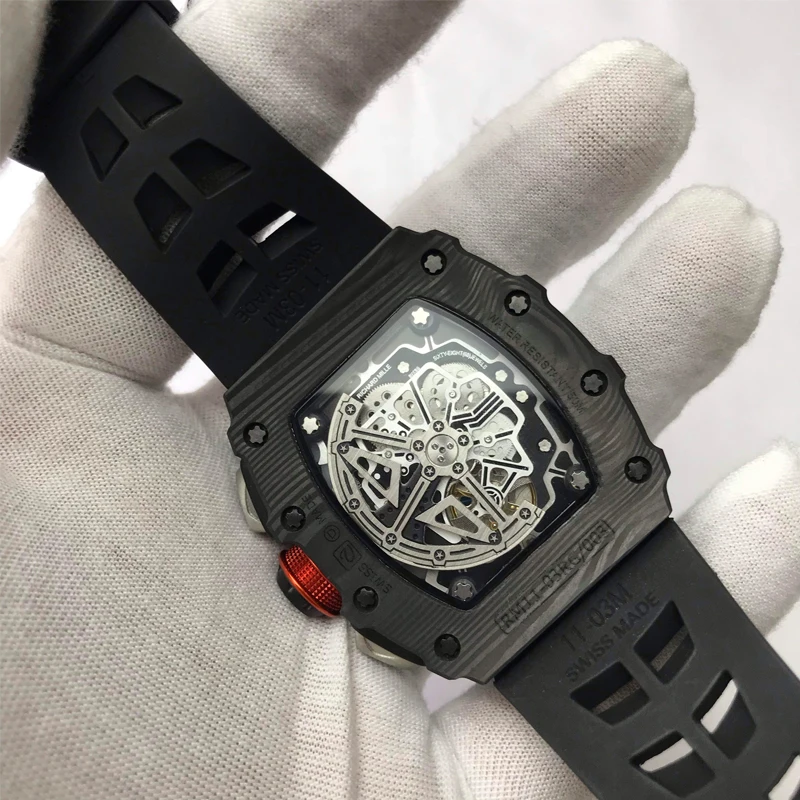 

New Limited Mens Automatic Mechanical Luxury Skeleton Watch Carbon Fiber Case Black Rubber Strap RM11-03 Top quality 1:1 Watches