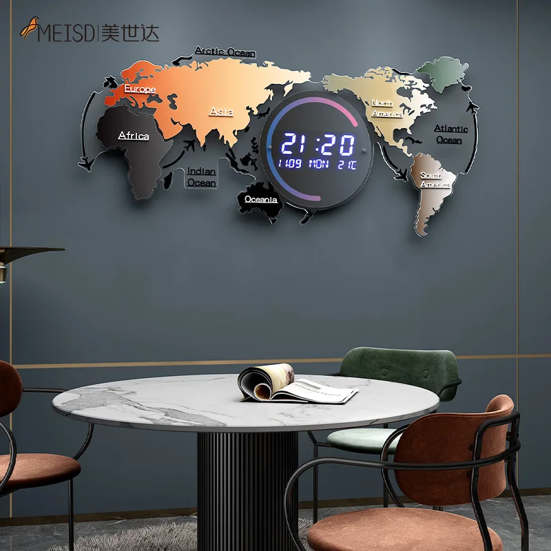 MEISD-Reloj de pared Digital con mapa del mundo electr&oacute;nico, reloj inteligente decorativo grande con calendario, term&oacute;metro, decoraci&oacute;n del hogar, Horloge azul F-5