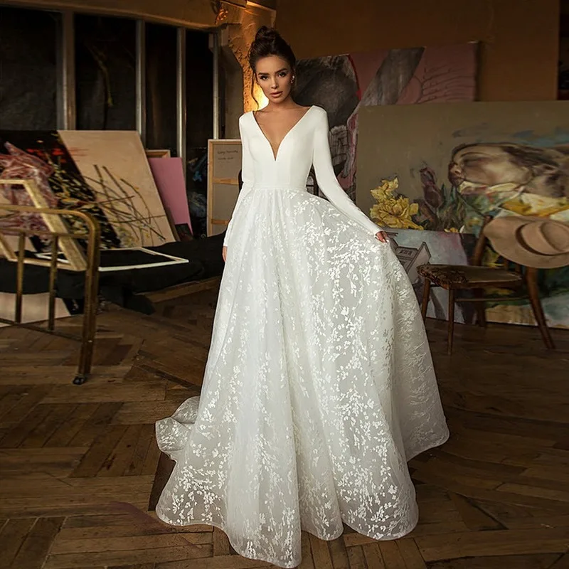 

Boho Robe De Mariee Vestido Novia Wedding Satin Long Skirt Long Sleeve 2021 Women